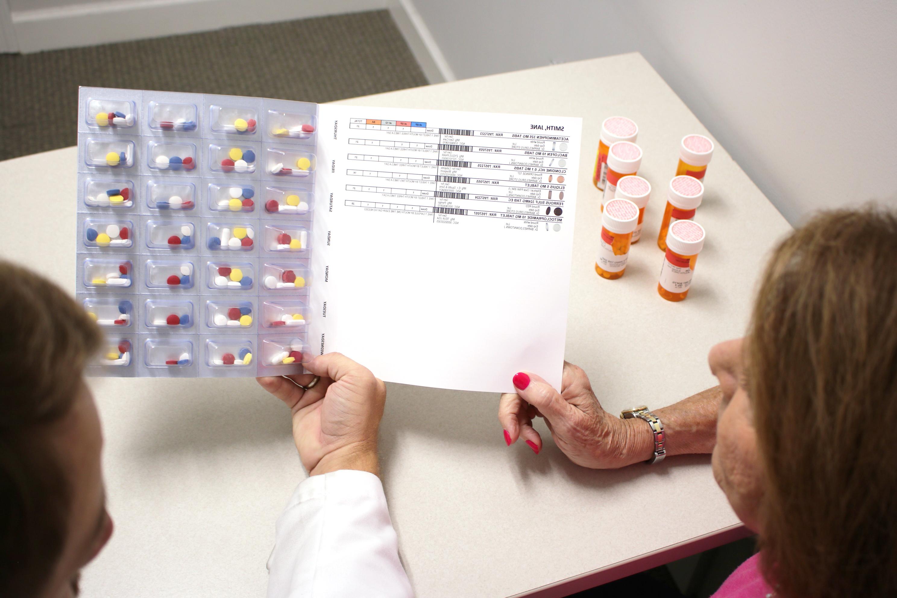 Pharmacist with patient going over information with prescription pill packs